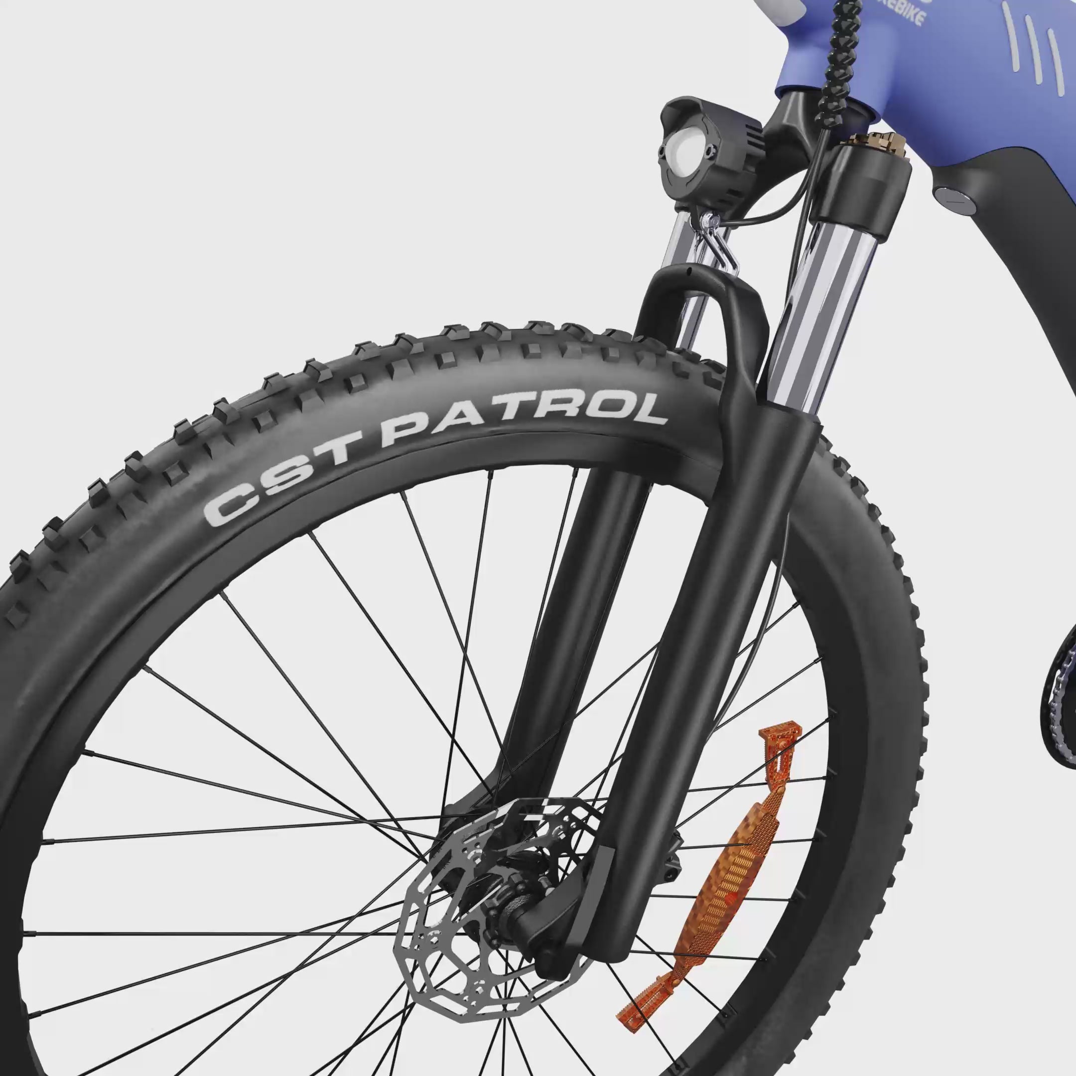 Video laden: <p>Designed for off-road riding, the suspension fork minimizes vibration and impact, keeping the front wheel planted for improved stability, traction, and rider comfort on rugged terrain.</p>